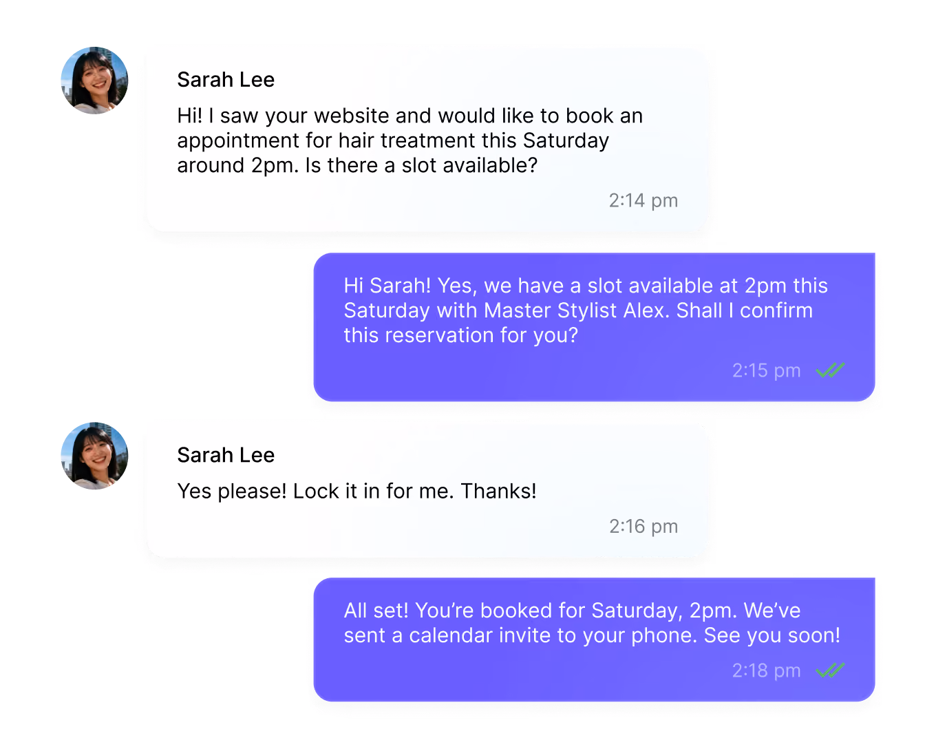 Chat conversation between Sarah Lee and a stylist booking a hair treatment appointment for Saturday at 2 pm, confirming the reservation and sending a calendar invite.