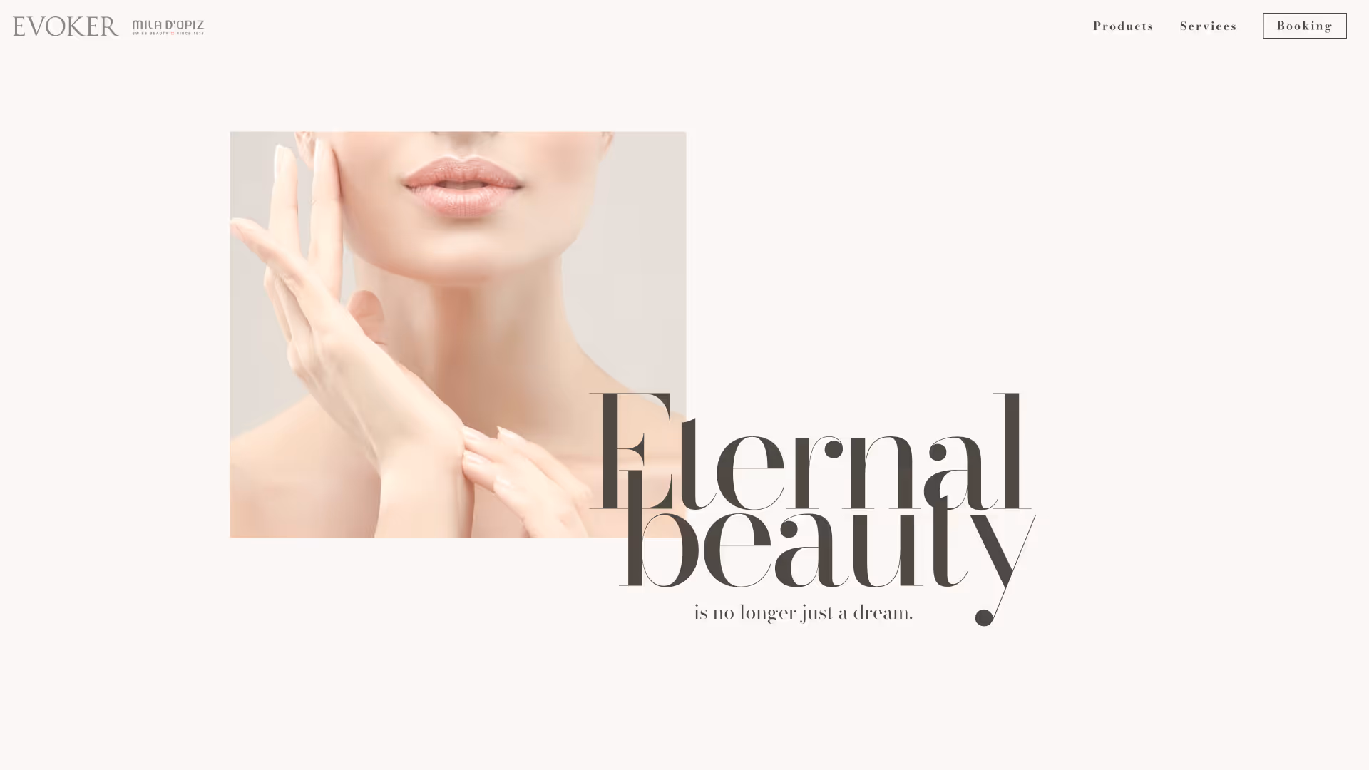 Close-up of a woman's lower face and neck with hands gently touching her jawline, next to the text 'Eternal beauty is no longer just a dream' on a pale background.